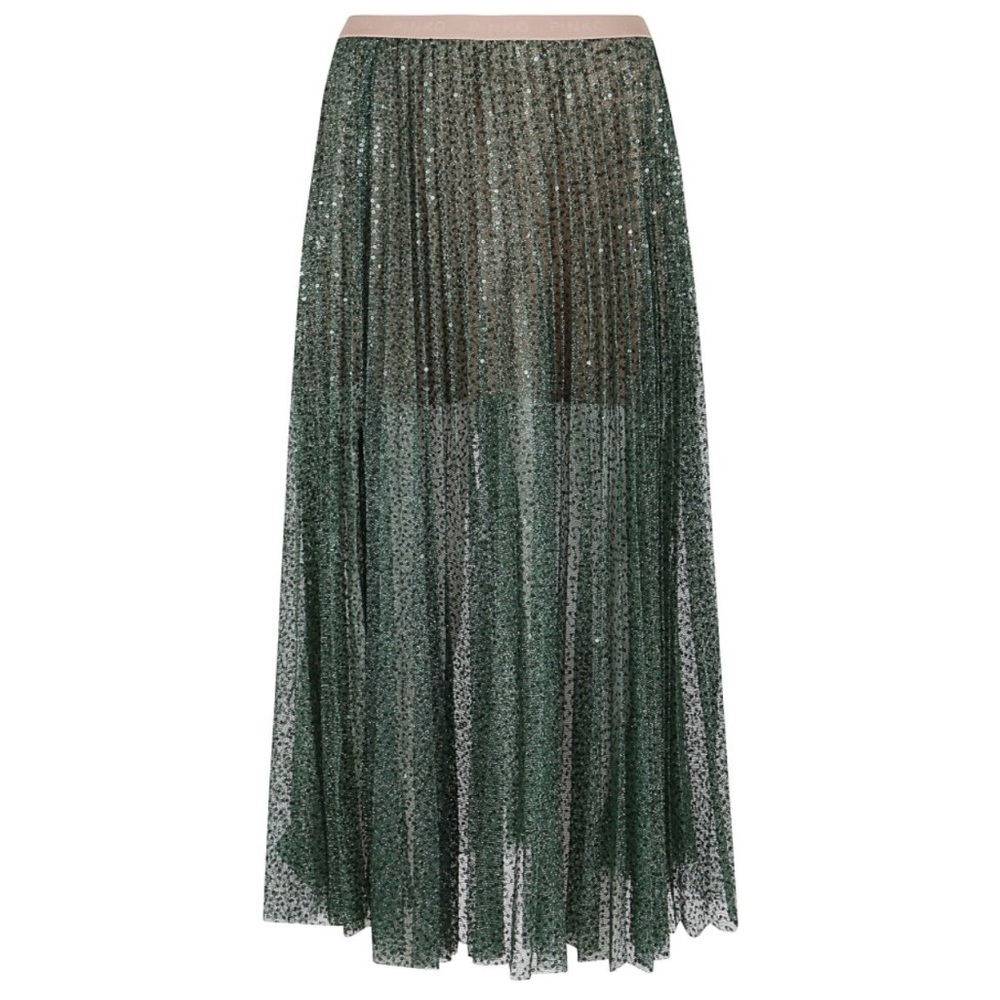 Pinko Dark Green Sequin Pleated Maxi Skirt with Pale Pink Waistband